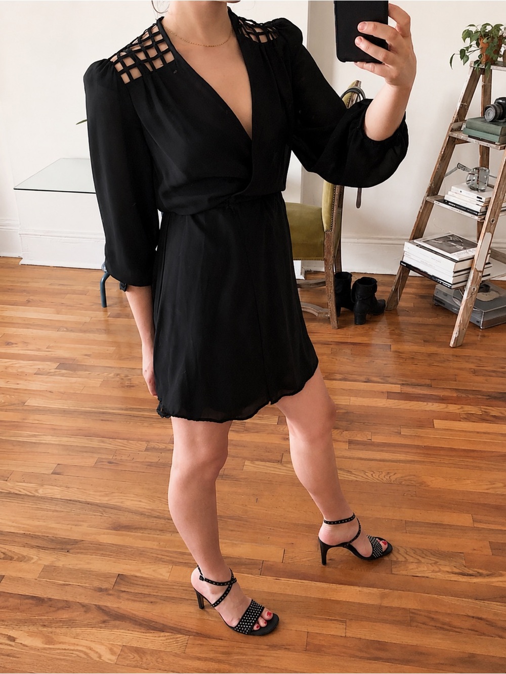 Vintage Black Sheer V Neck Backless Mini Dress Caged Style Lattice Open Back S - Picture 11 of 16